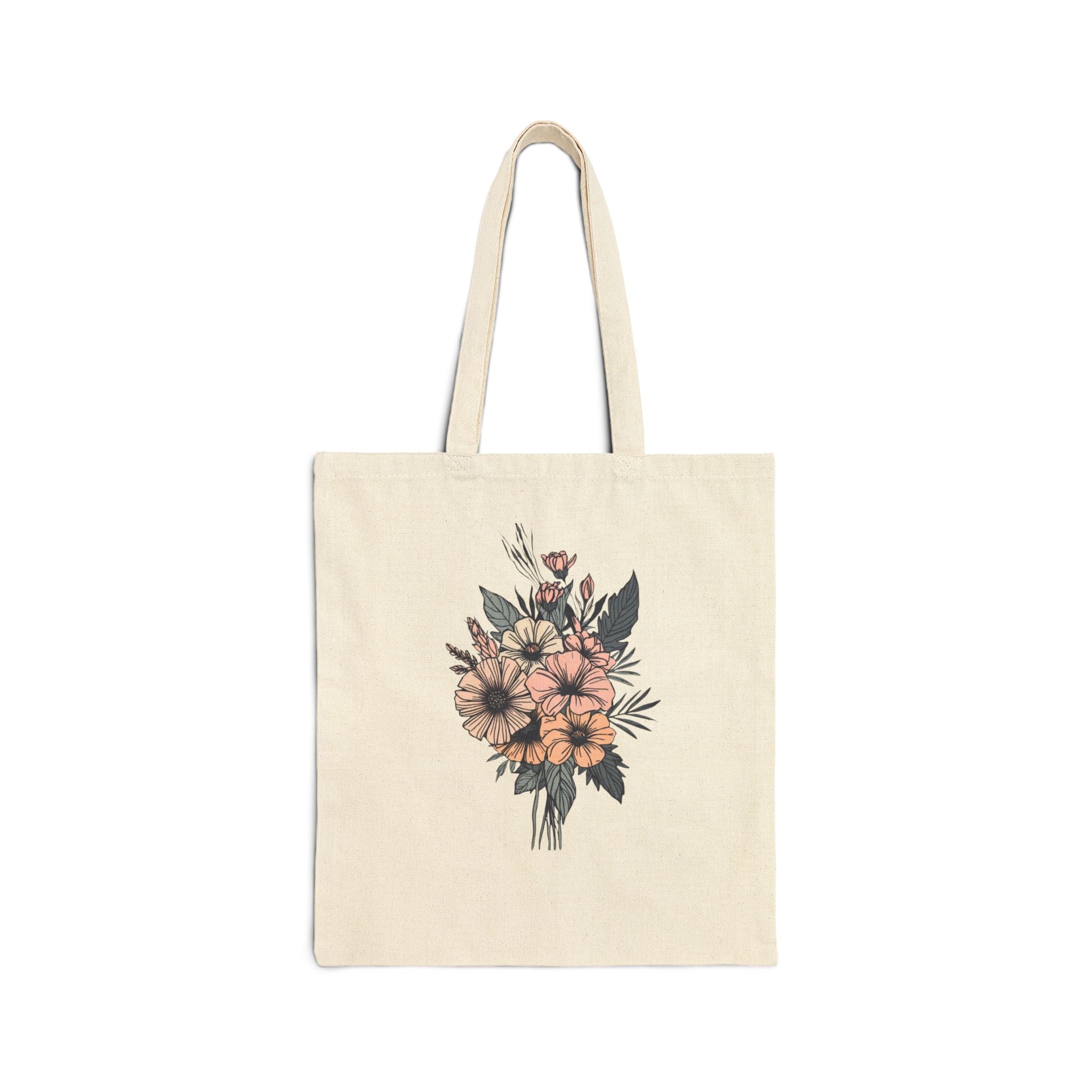 Floral Bouquet Canvas Tote — Vintage Wildflower Eco Bag, Cute, Cottage Core, Boho, Flower