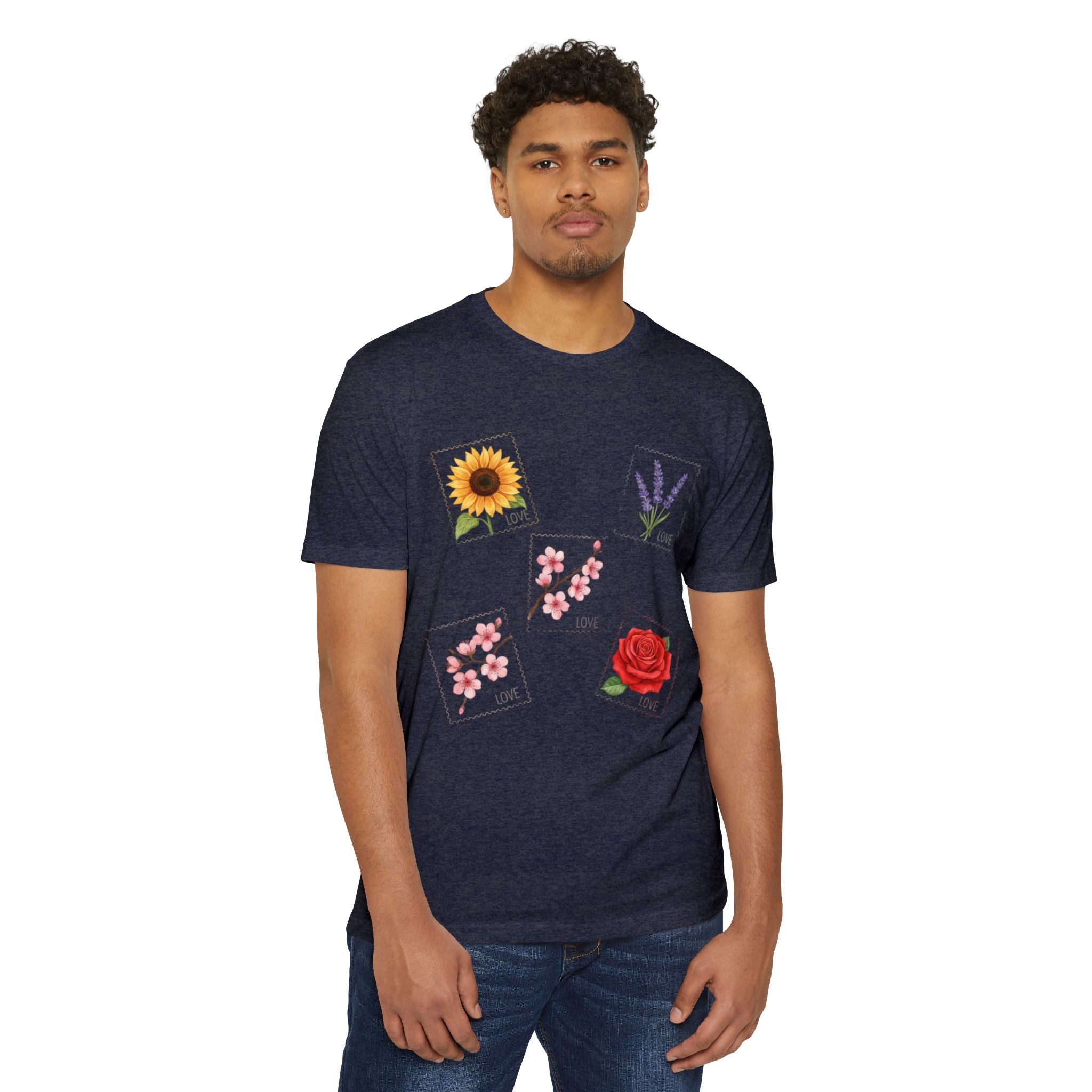 Floral Stamp Collage T-Shirt — Sunflower, Lavender, Cherry Blossom & Rose Design, Cottage core