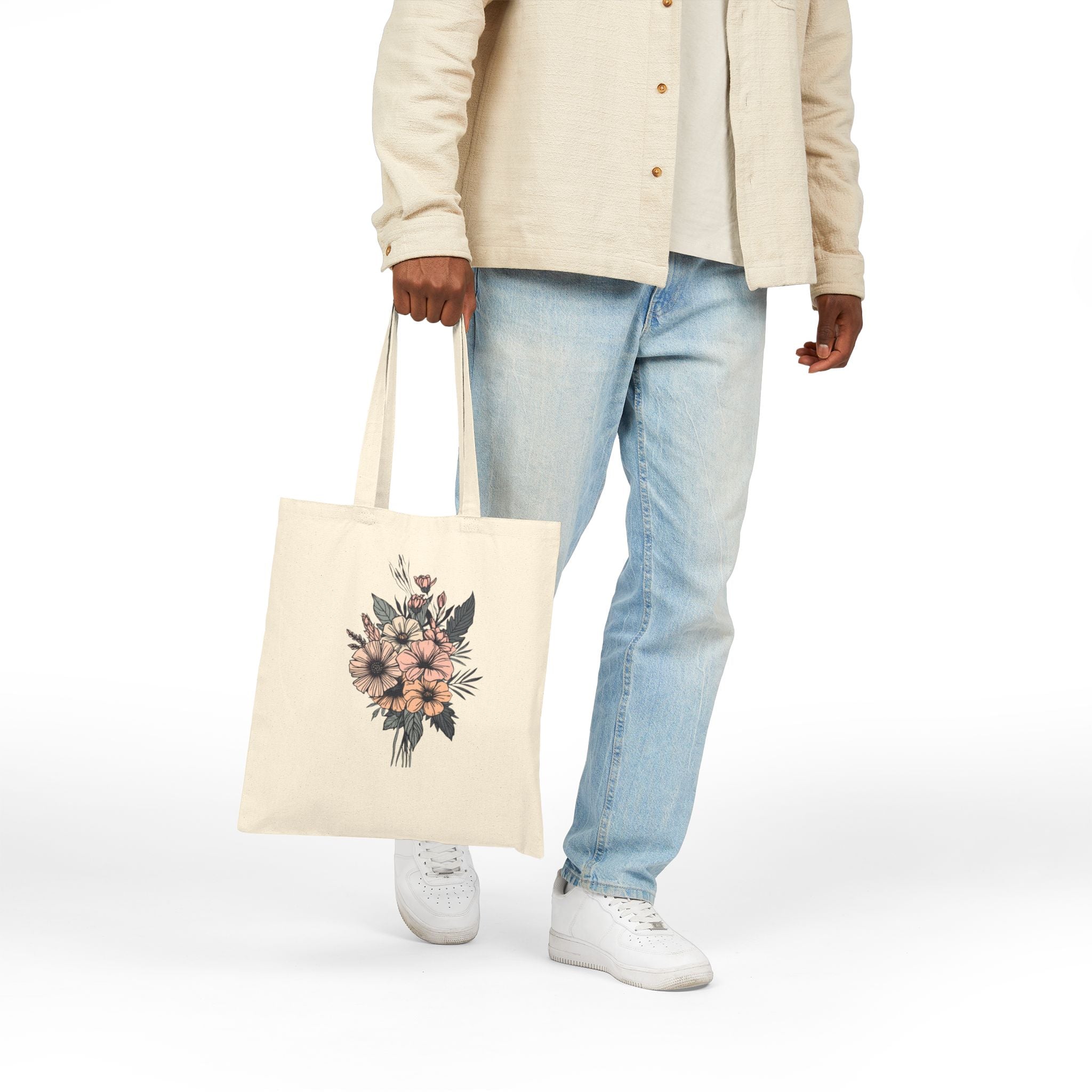 Floral Bouquet Canvas Tote — Vintage Wildflower Eco Bag, Cute, Cottage Core, Boho, Flower
