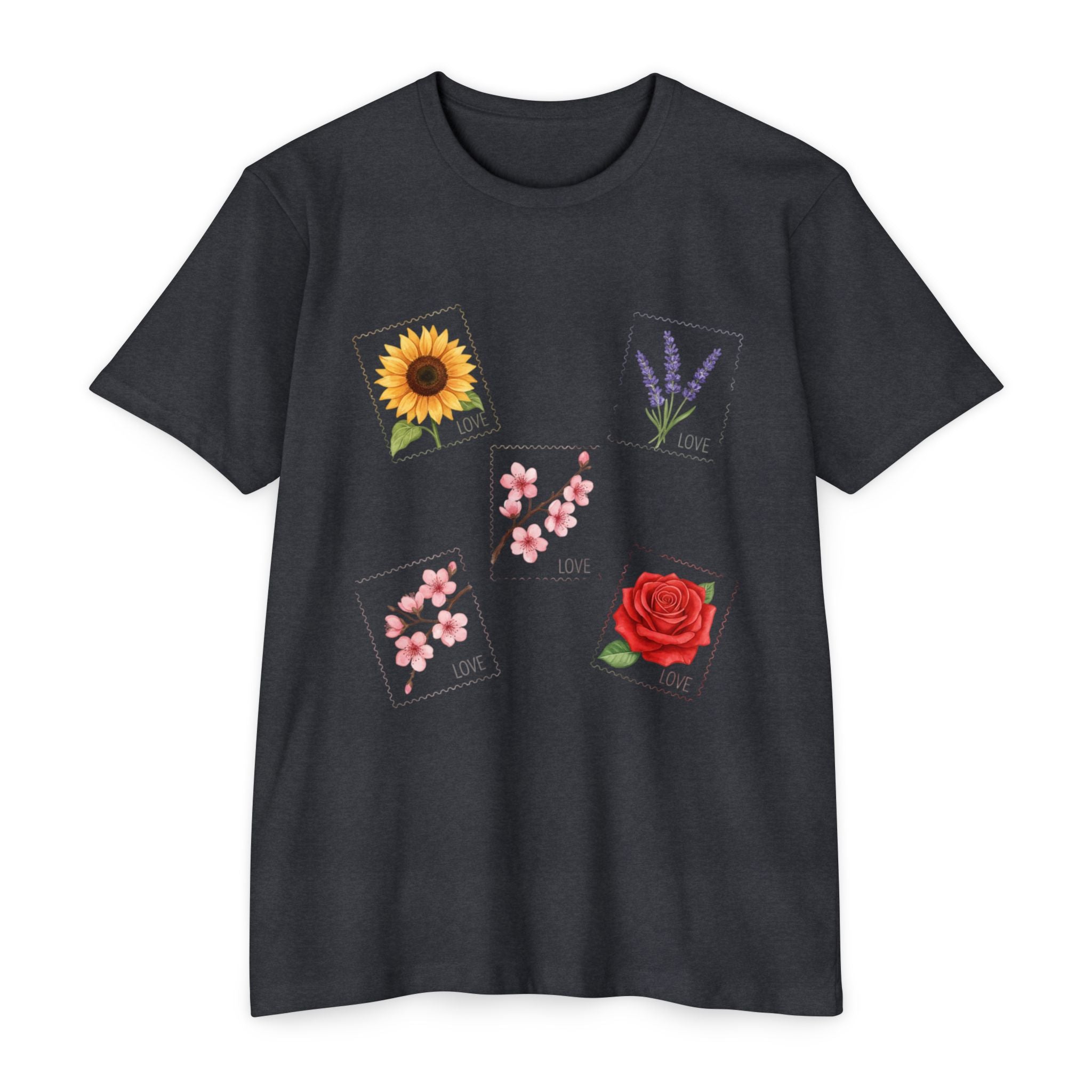 Floral Stamp Collage T-Shirt — Sunflower, Lavender, Cherry Blossom & Rose Design, Cottage core