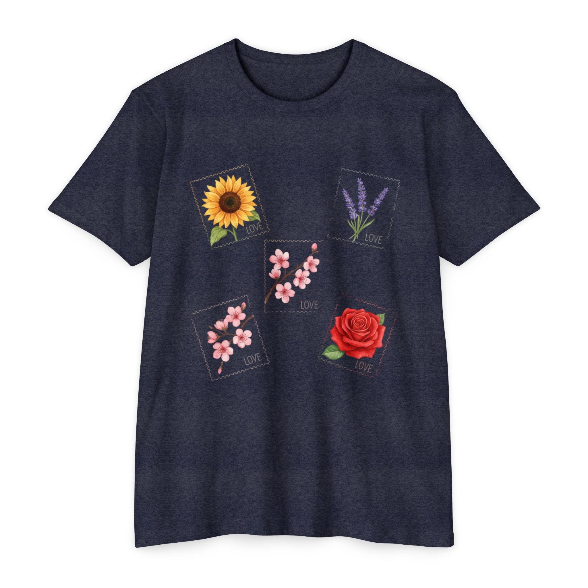Floral Stamp Collage T-Shirt — Sunflower, Lavender, Cherry Blossom & Rose Design, Cottage core