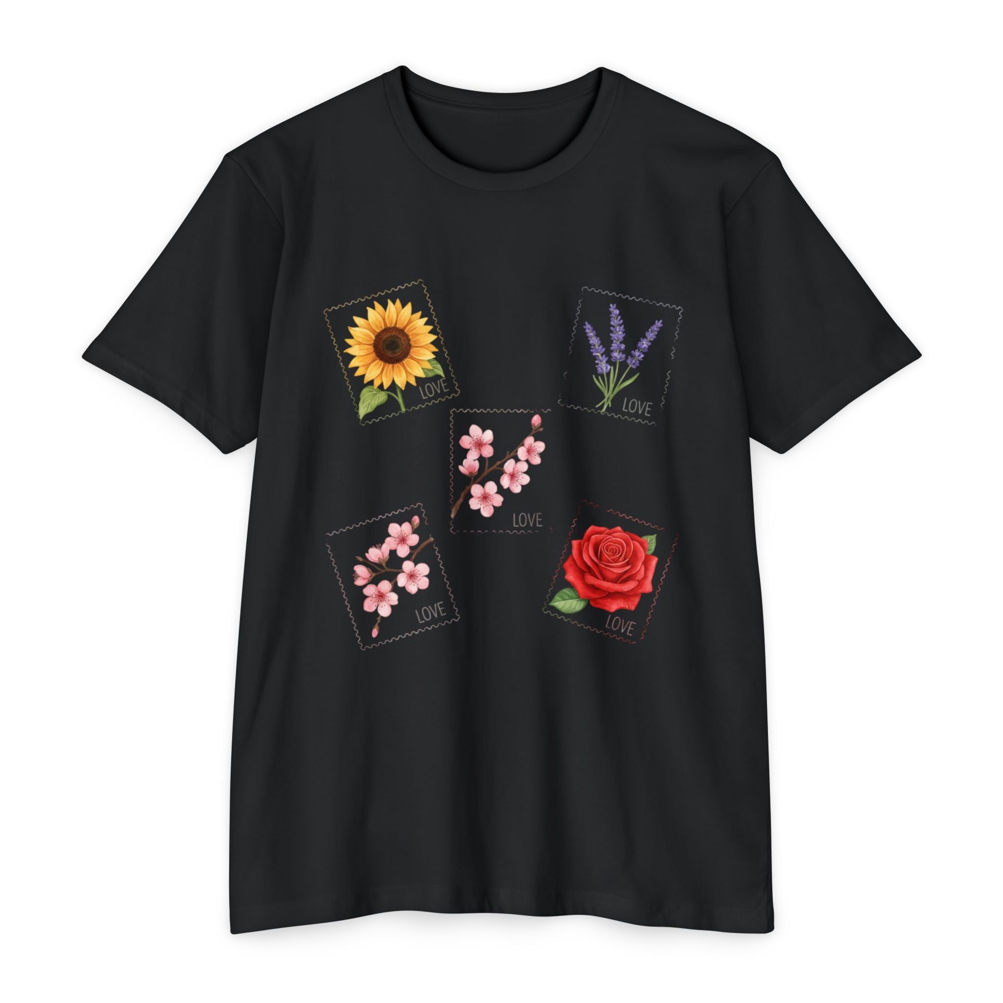 Floral Stamp Collage T-Shirt — Sunflower, Lavender, Cherry Blossom & Rose Design, Cottage core