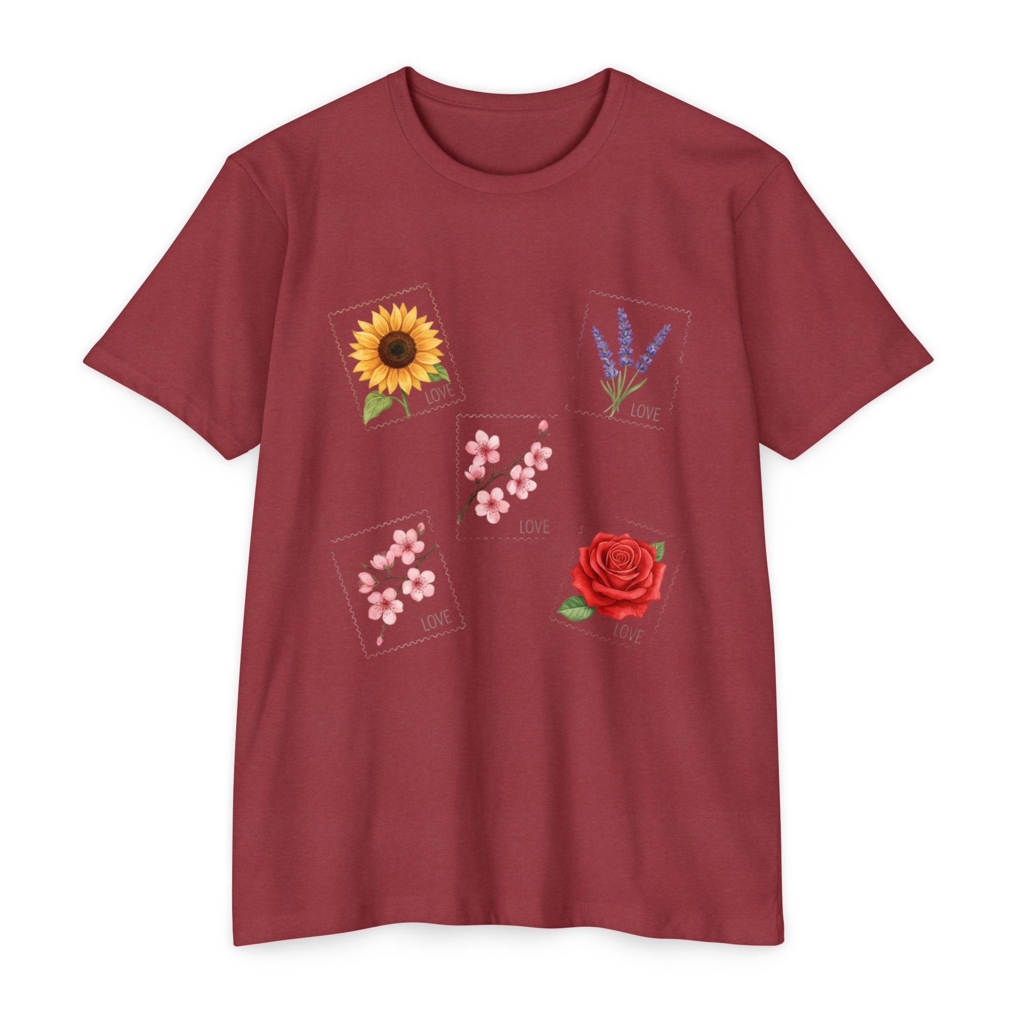 Floral Stamp Collage T-Shirt — Sunflower, Lavender, Cherry Blossom & Rose Design, Cottage core